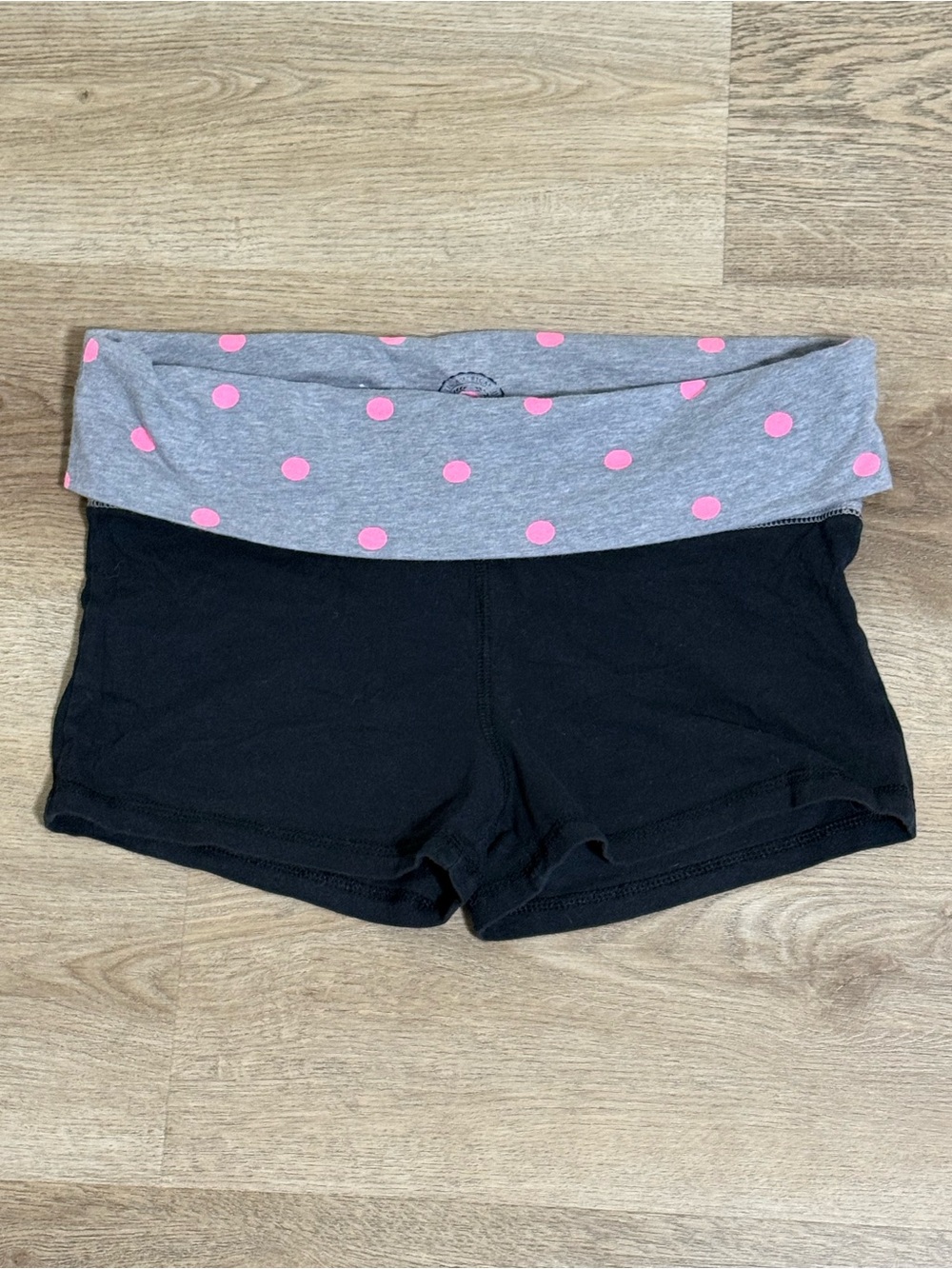 SO Black Bike Shorts with Gray Fold-Over Waist and Pink Polka Dots